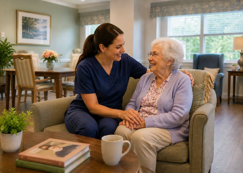 Caring staff with resident at The Waters of Scottsburg